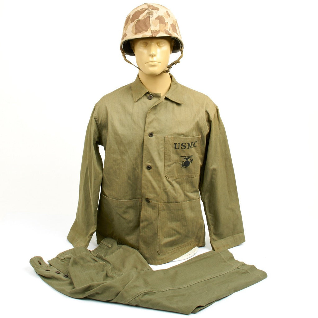 Original U.S. WWII USMC M1 McCord Helmet with HBT Herringbone Twill P41 Utility Combat Uniform Collection Original Items