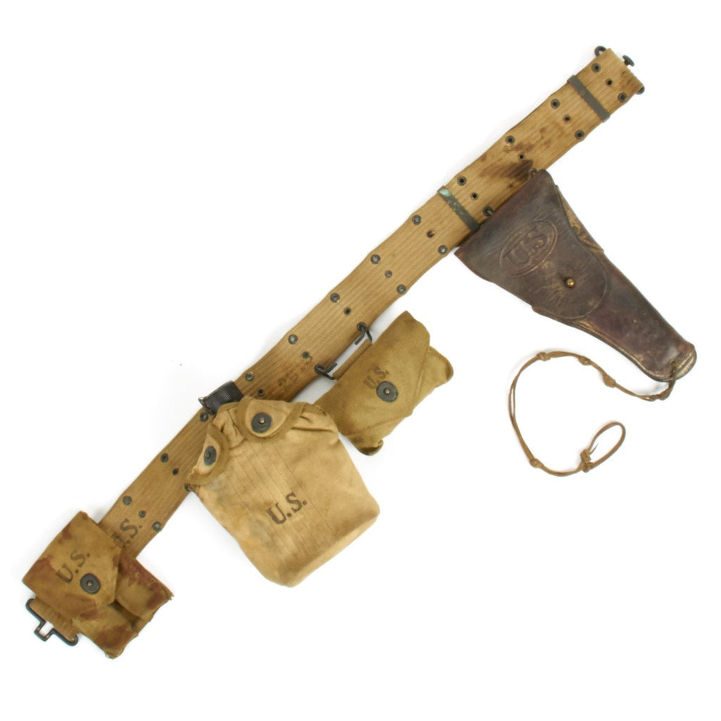 Original U.S. WWII Officer M1936 Pistol Belt, M1911 Holster, Magazine Pouch and Carlisle First Aid Packet Original Items