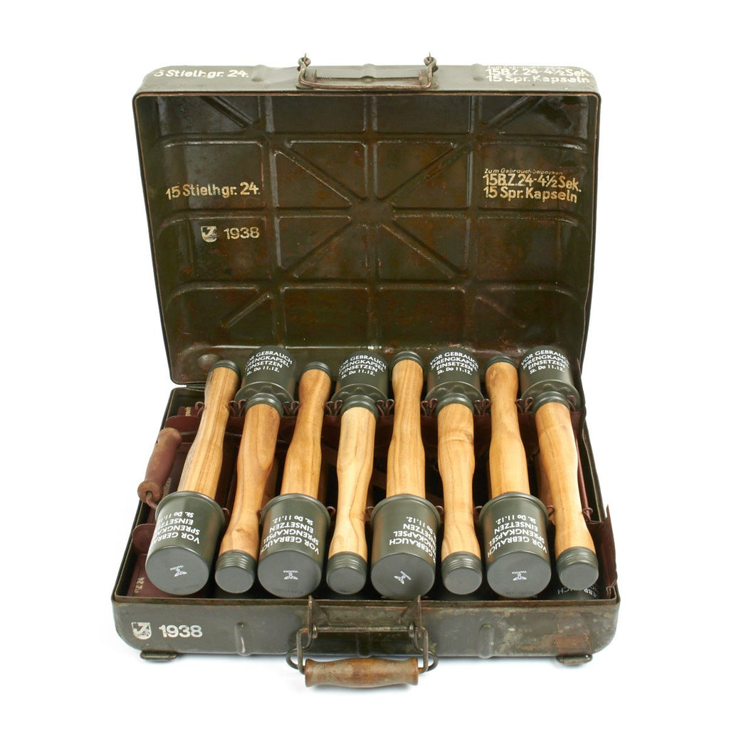 Original German WWII M24 Stick Grenade Case Dated 1938 with Original Internal Rack and Grenades Original Items