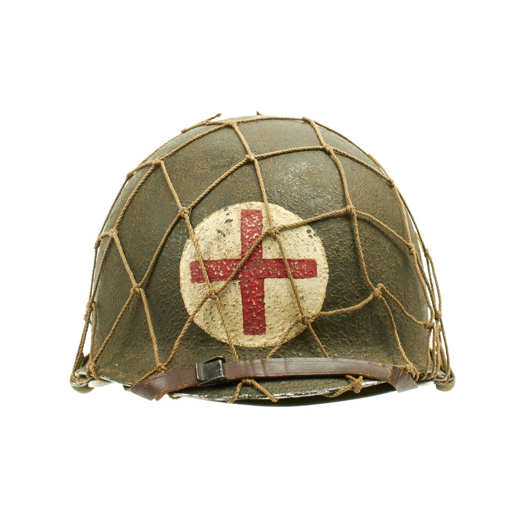 Original U.S. WWII Medic 1944 M1 McCord Front Seam Helmet with Westinghouse Liner and Net Original Items