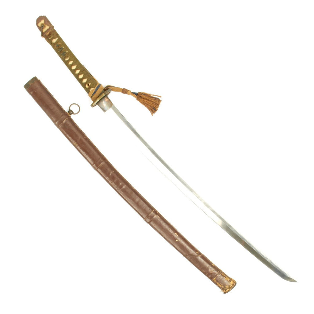 Original WWII Japanese Katana Samurai Sword - Handmade Blade by KAZUNORI with Leather Covered Scabbard Original Items