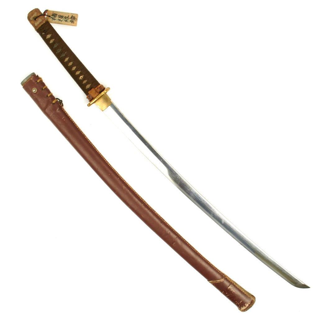 Original WWII Japanese Katana Samurai Sword with Surrender Tag and Leather Covered Scabbard Original Items