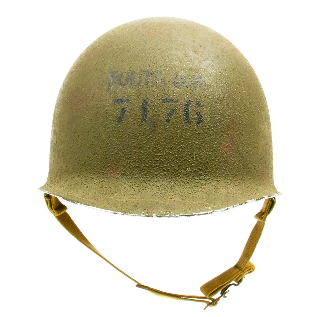 Original U.S. WWII Named M1 Schlueter Fixed Bale Helmet with Westinghouse Liner Original Items