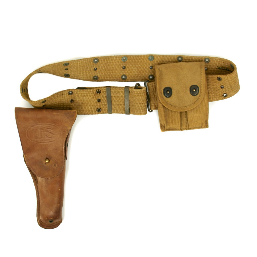 Original U.S. WWI .45cal 1911 Pistol Leather Holster, Web Belt, Ammo Pouch Set - Dated 1918 Original Items