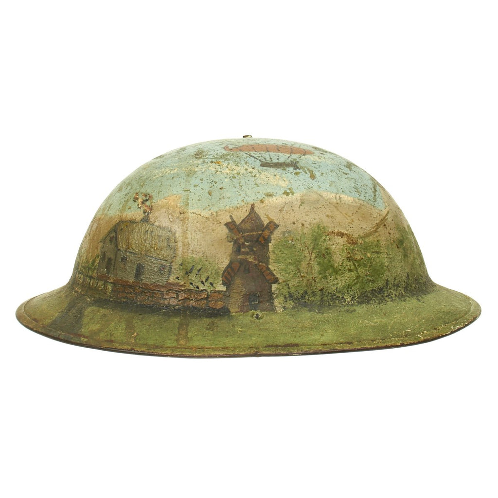 Original U.S. WWI M1917 AEF Trench Art Helmet - Zeppelin and Biplane Original Items