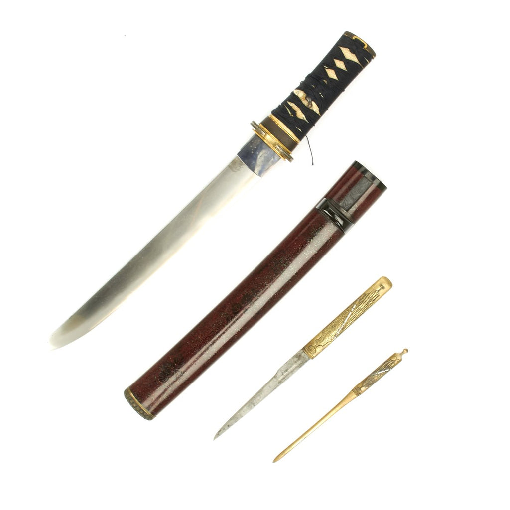 Original Japanese Tanto Short Sword with Kogatana Knife and Kogai in Sword Bag - Ancient Handmade Blade Original Items