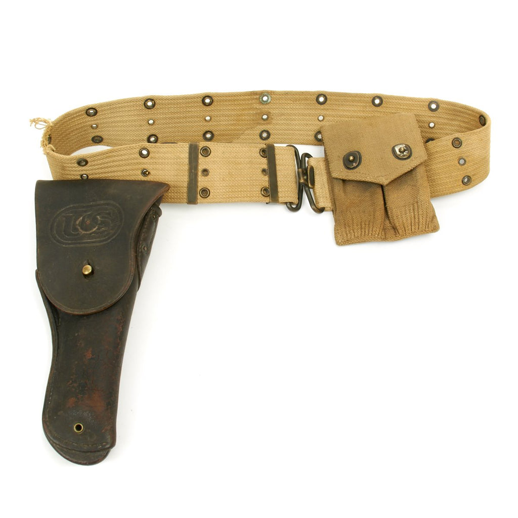 Original U.S. WWII .45cal 1911 Pistol Leather Holster, Web Belt, Ammo Pouch Set Original Items