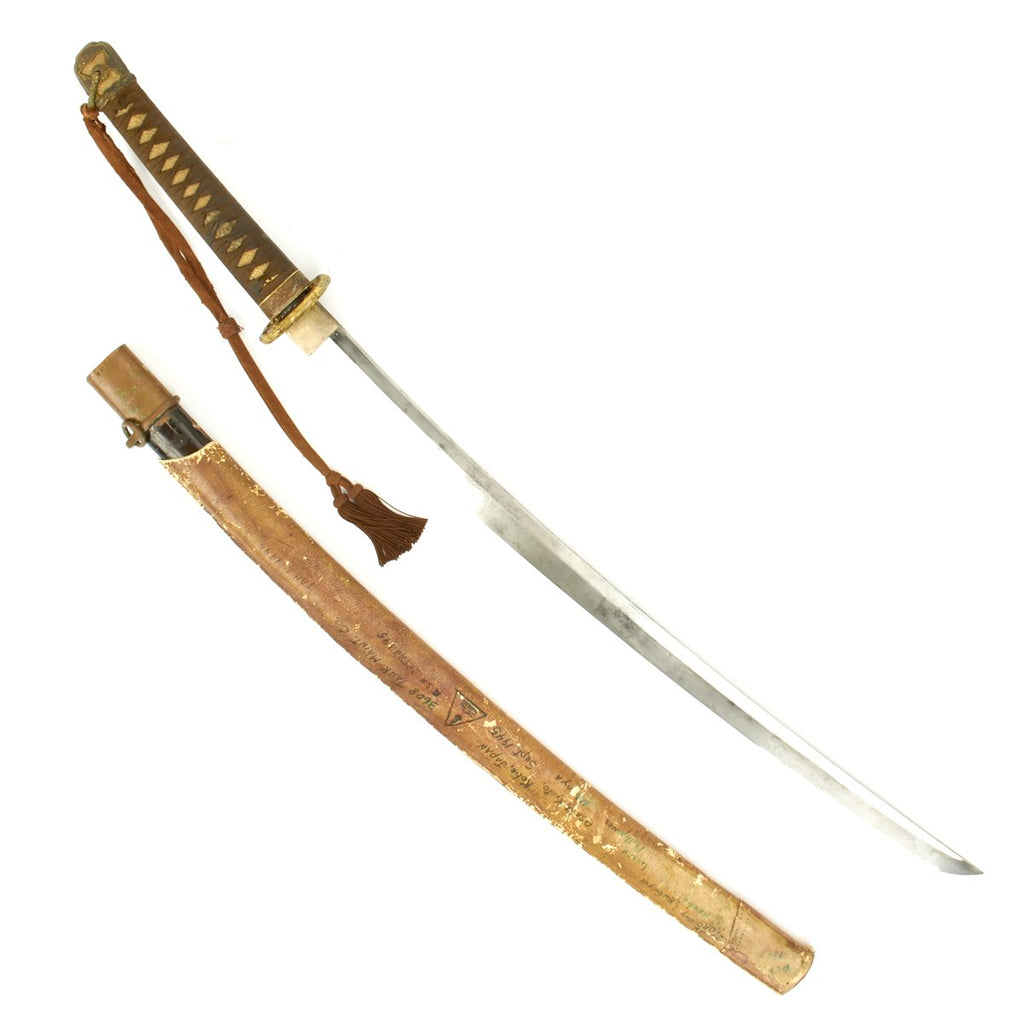 Original WWII Japanese Army Officer Katana Samurai Sword with USGI Named Leather Scabbard Cover- Handmade Signed Blade Original Items