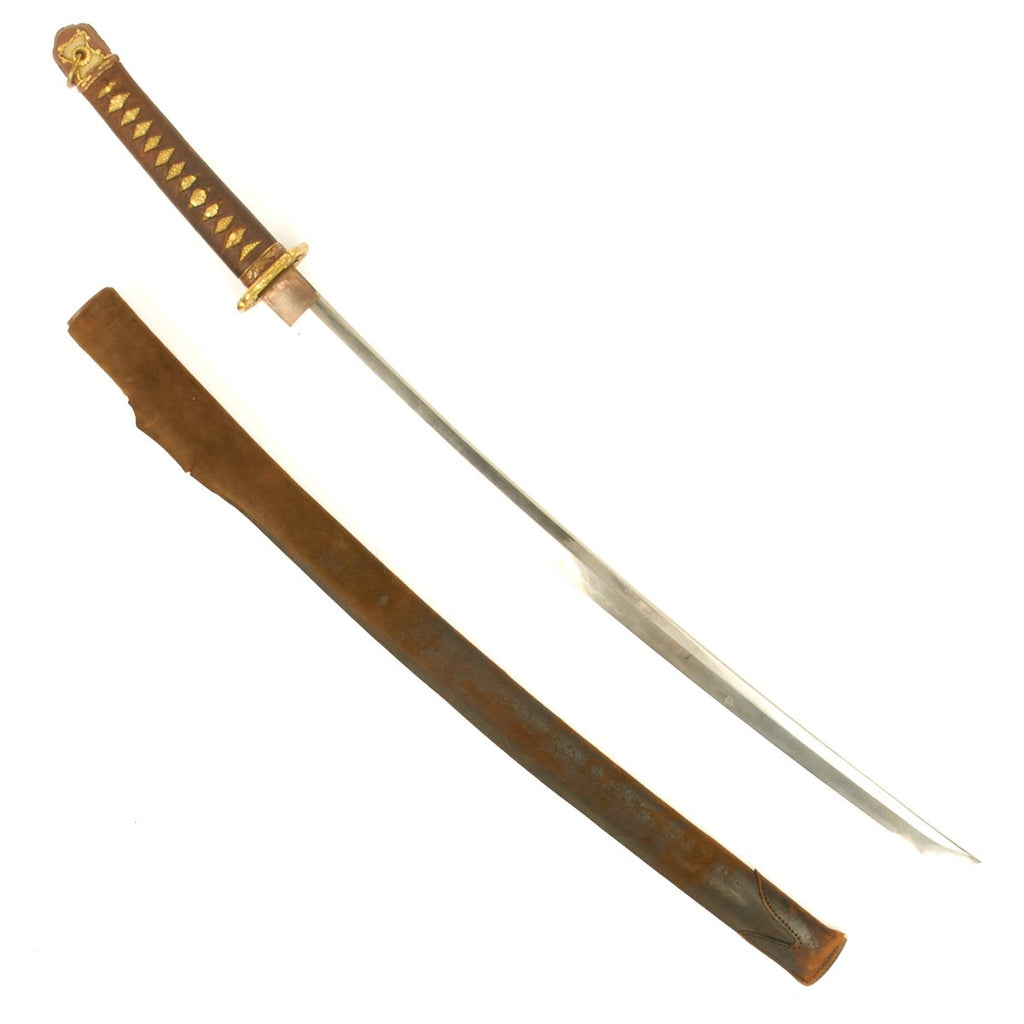 Original WWII Japanese Army Officer Katana Samurai Sword with Wood Scabbard and Leather Cover- Handmade Signed Blade Original Items
