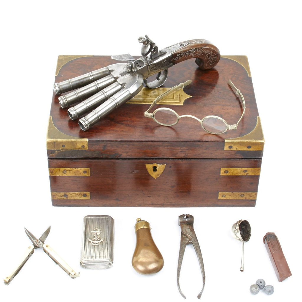 Original English Flintlock Ducks Foot Cased Pistol Set by King of London Original Items