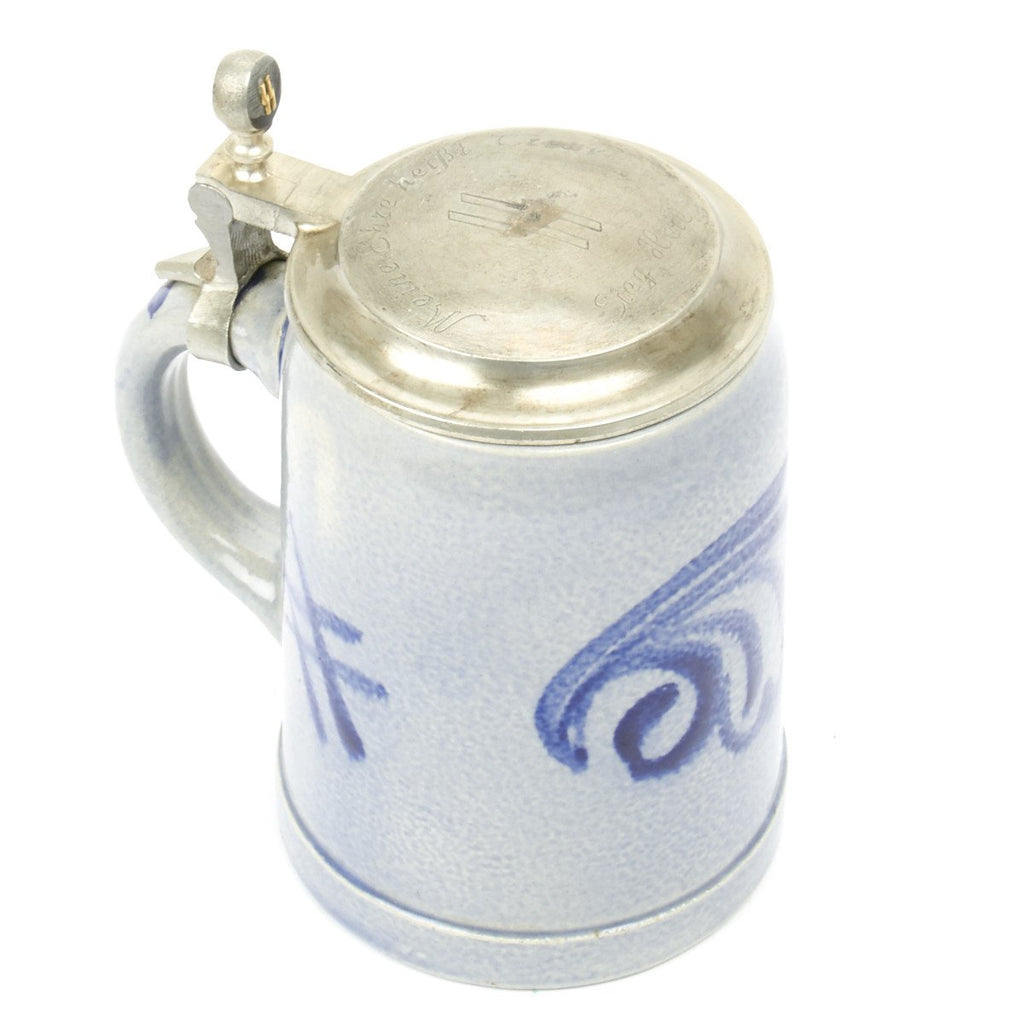 Original German WWII SS Marked Half Liter Ceramic Bier Stein with Pewter Lid Original Items