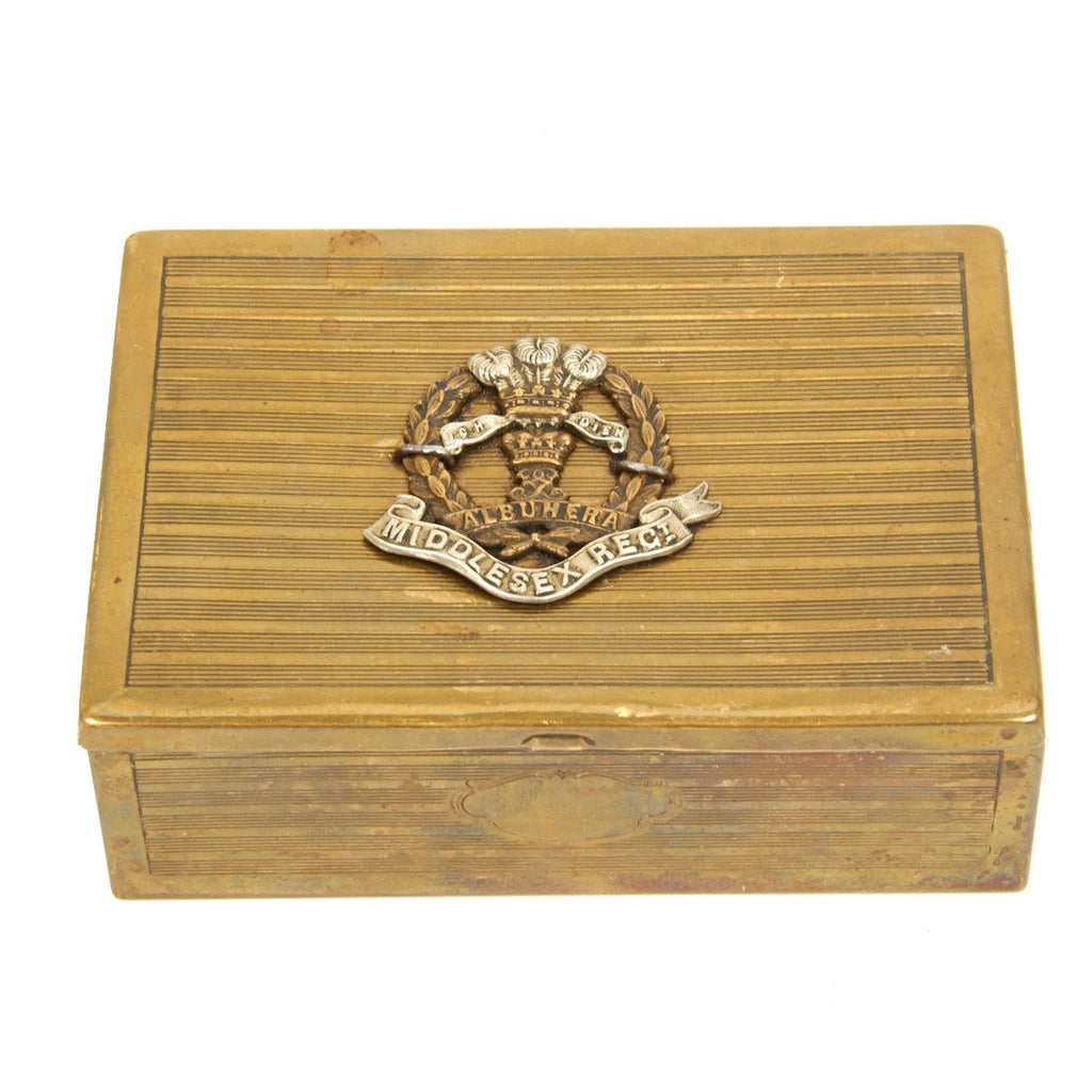 Original British WWI Middlesex Regimental Brass Cigarette Box Original Items