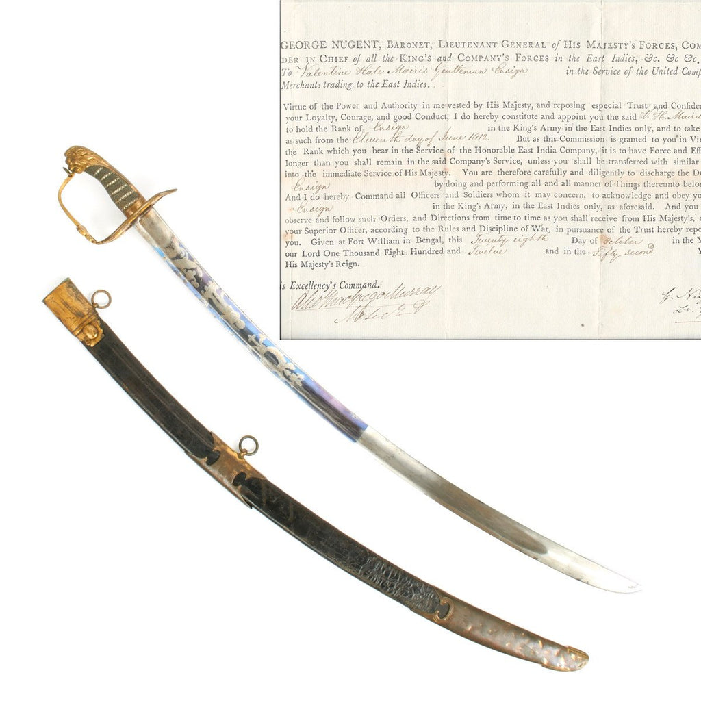Original British East India Company Named Officer Sword with 1812 Ensign Commission- Valentine Hale Mairis Original Items