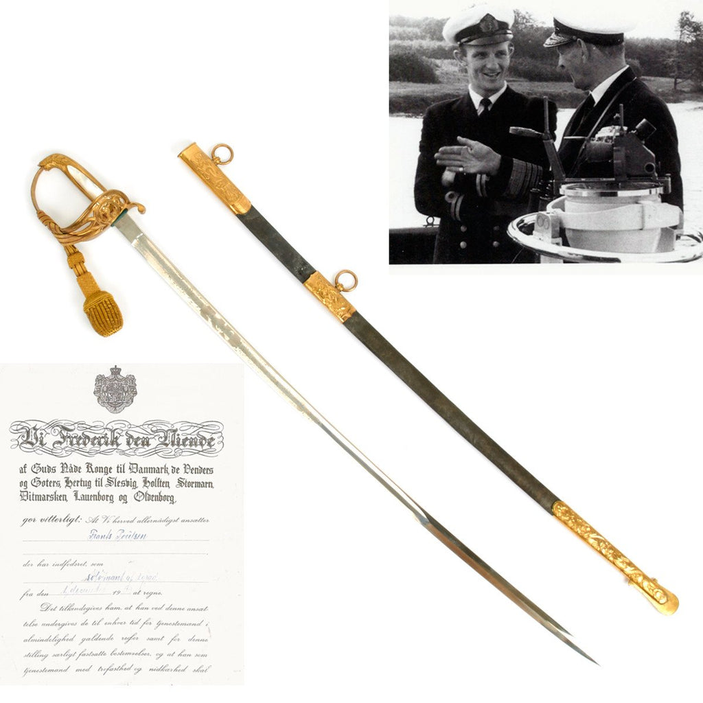 Original Danish Naval Officer Sword with Commission Signed by King Frederick IX Original Items