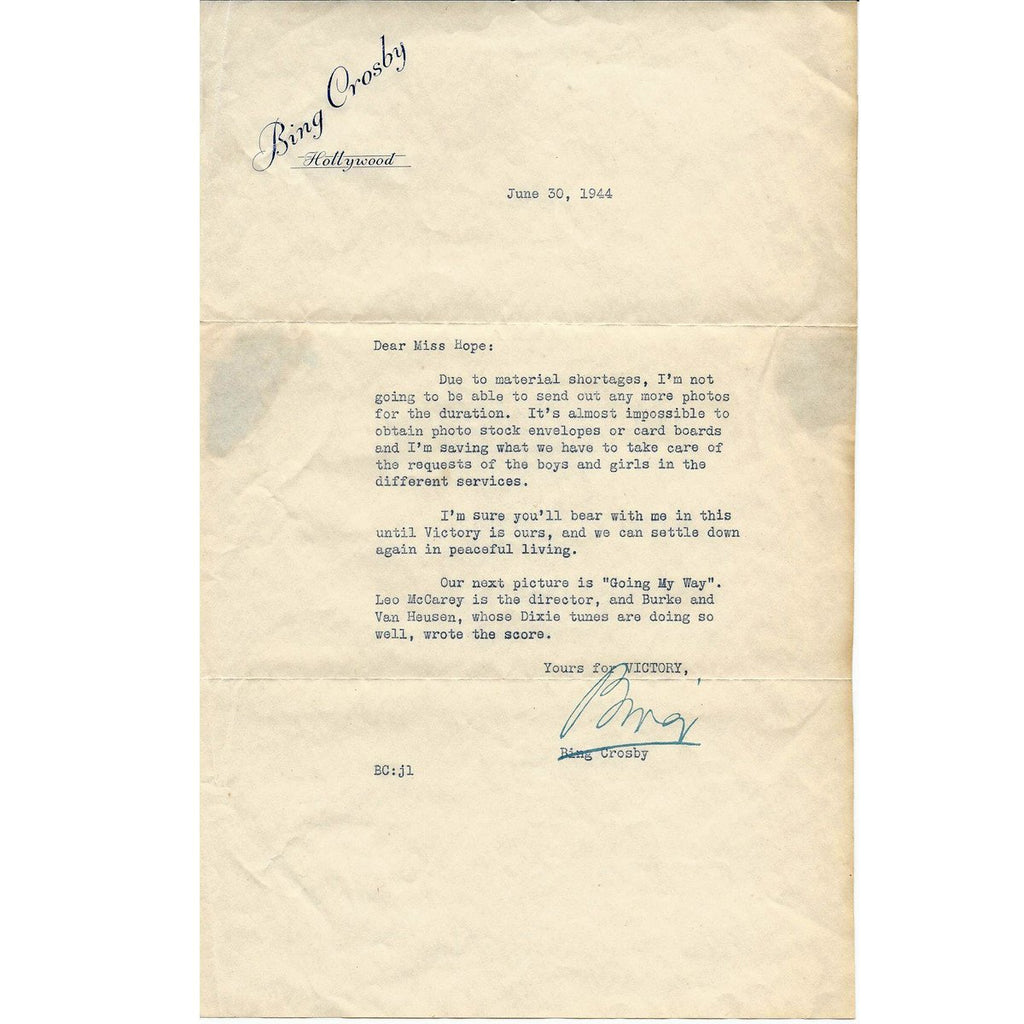 Original U.S. WWII Bing Crosby Signed Letter Dated June 30th 1944 Original Items