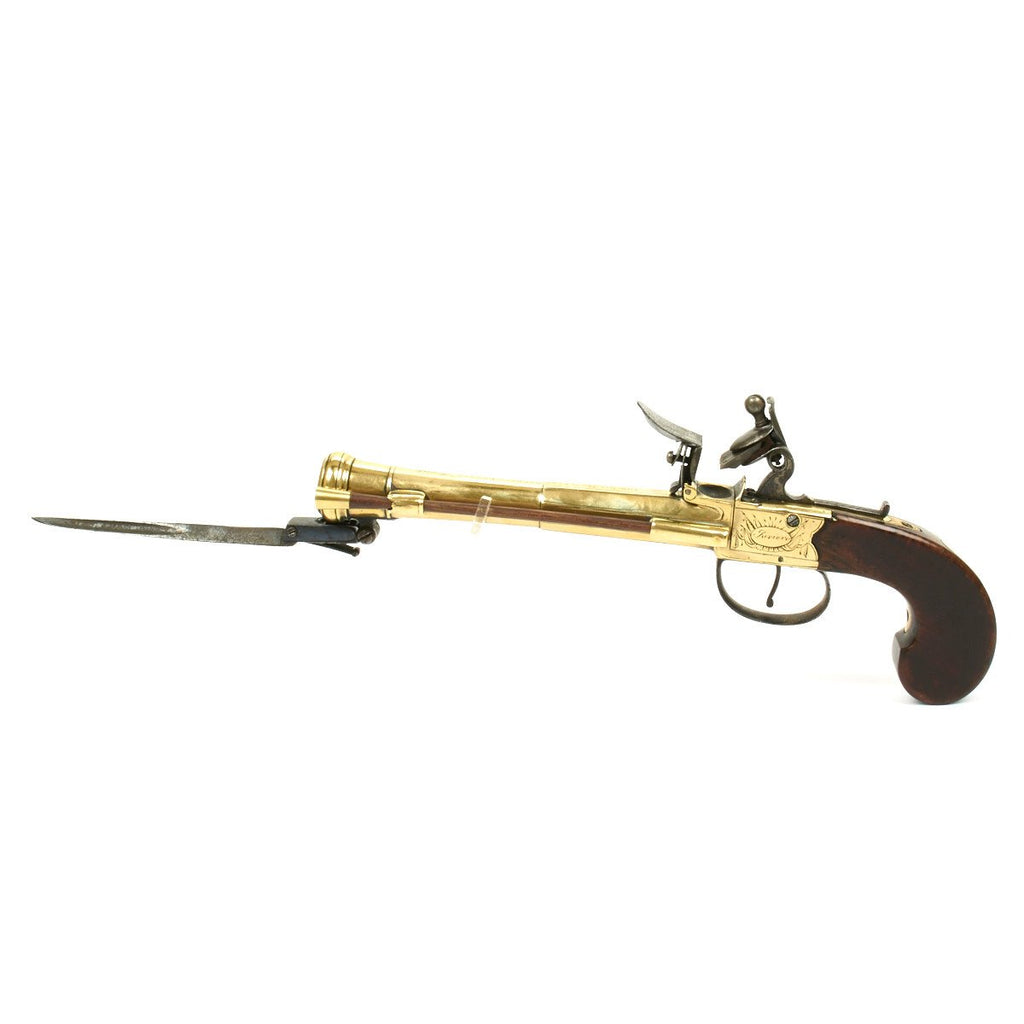 Original British Flintlock Brass Barrel Blunderbuss Pistol with Spring Bayonet by Riviere - Marked HINDE Original Items