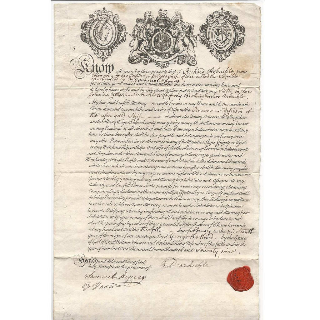 Original British 1779 Naval Document of Privateer Pirate Ship  THE TERRIBLE Original Items