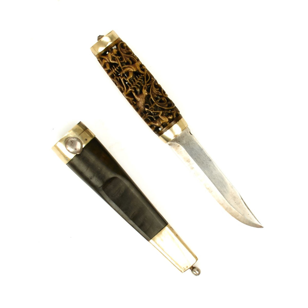 Original Norwegian 19th Century Hunting Knife with Carved Horn Grip Original Items