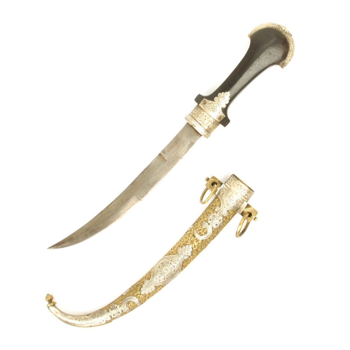Original 1880 Moroccan Jambia Dagger Adorned in Silver and Brass