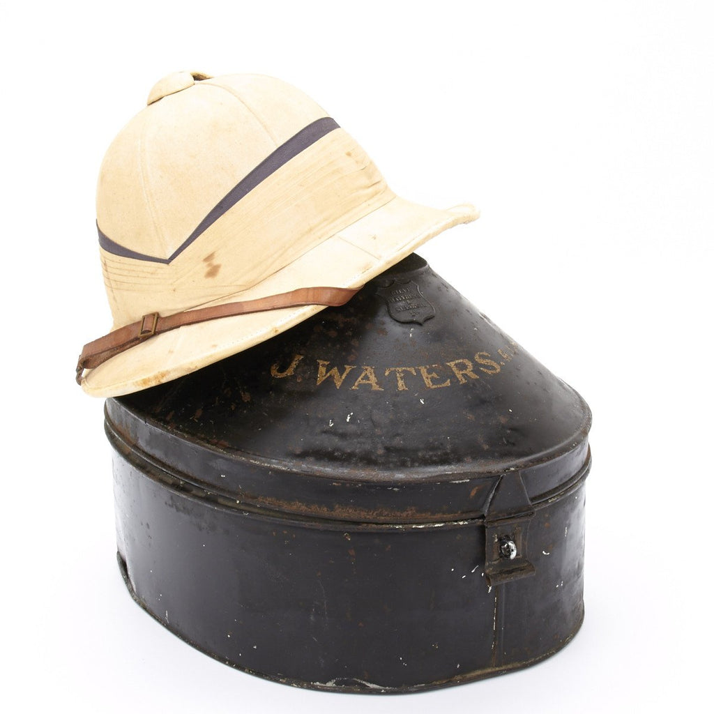 Original British WWII Named Officer Pith Helmet in Transit Tin Original Items