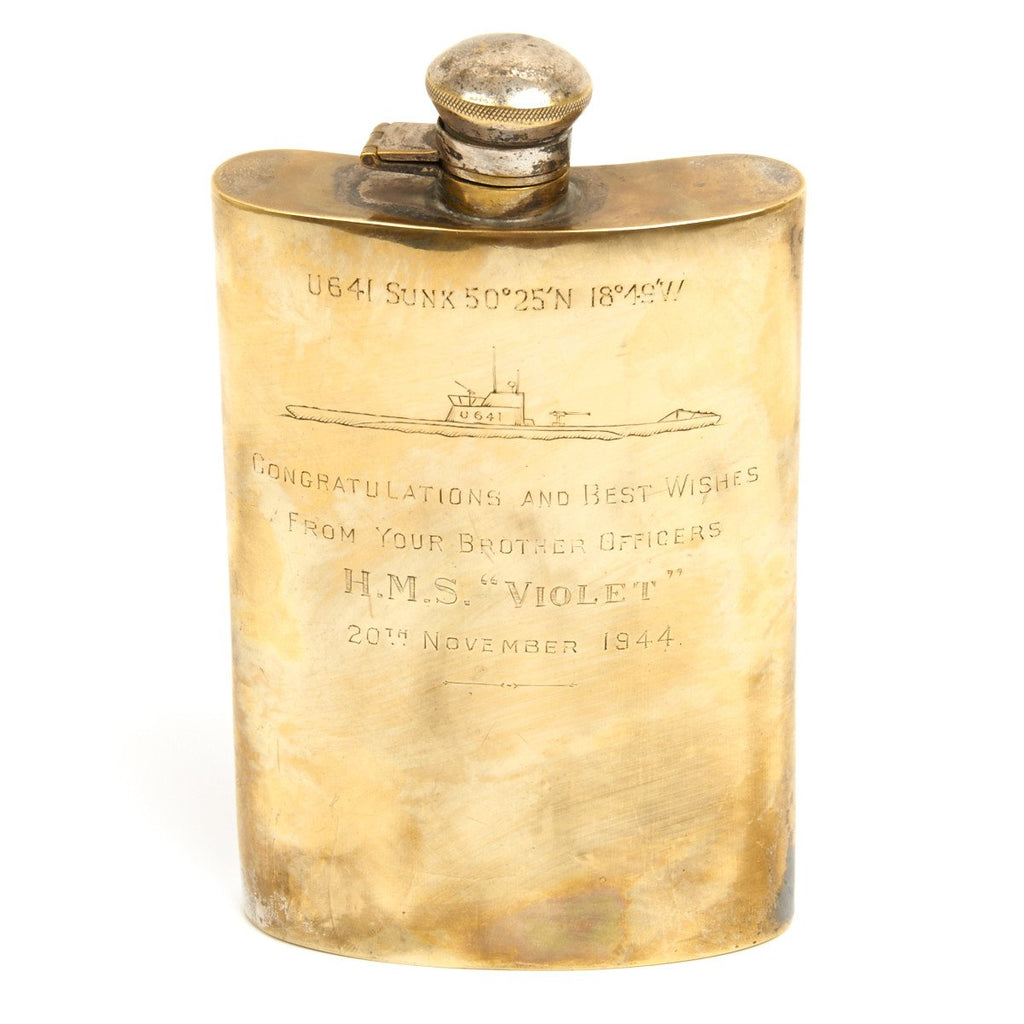 Original British WWII Hip Flask Inscribed to Officer of HMS Violet (K35) that Sunk U-Boat U-641 Original Items